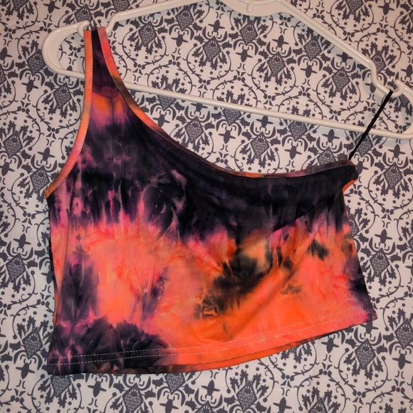 NWOT Shein Orange Multicolor Tie-Dye One Shoulder Crop Top - Picture 2 of 4
